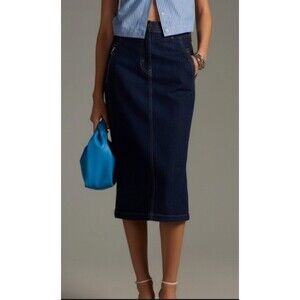 Anthropologie Pilcro Dark Denim Pencil Skirt Front Zip Pockets Women’s 8-Office